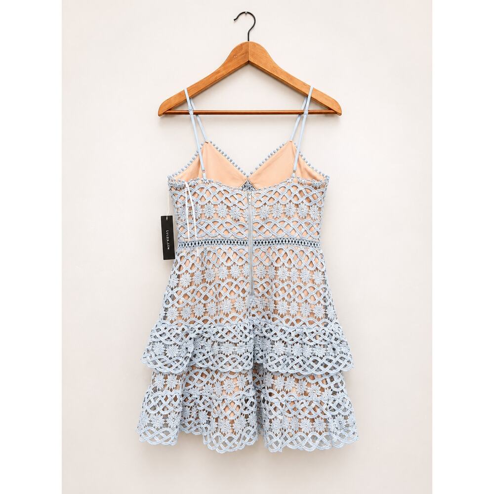 Blue Crochet Cottagecore Dress Size M Boho Spaghetti Strap Fit & Flare Mini - Picture 2 of 4